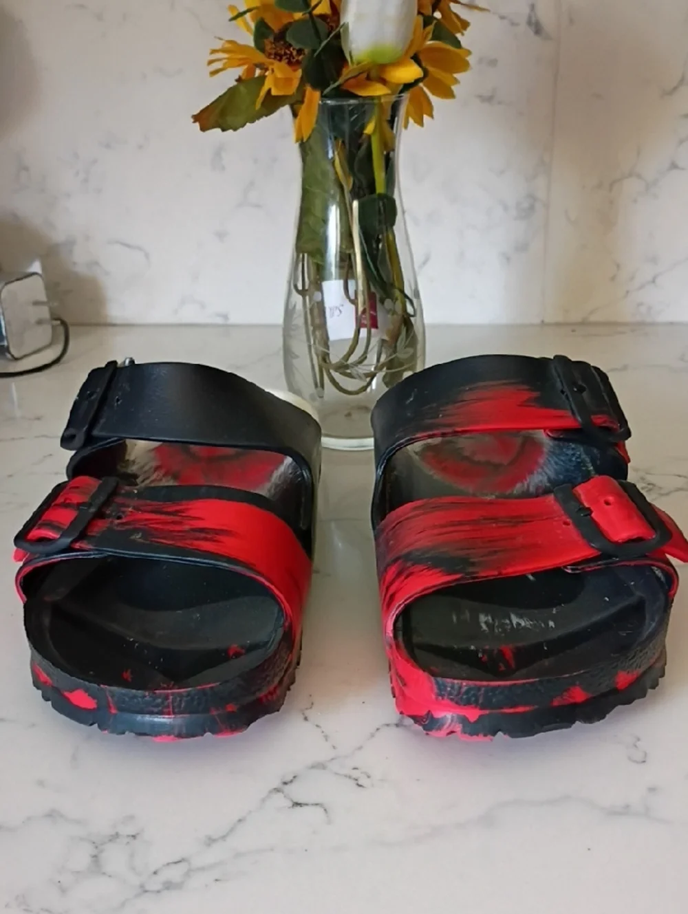Birkenstock Black and Red Painted Slide Sandals - Picture 2 of 7